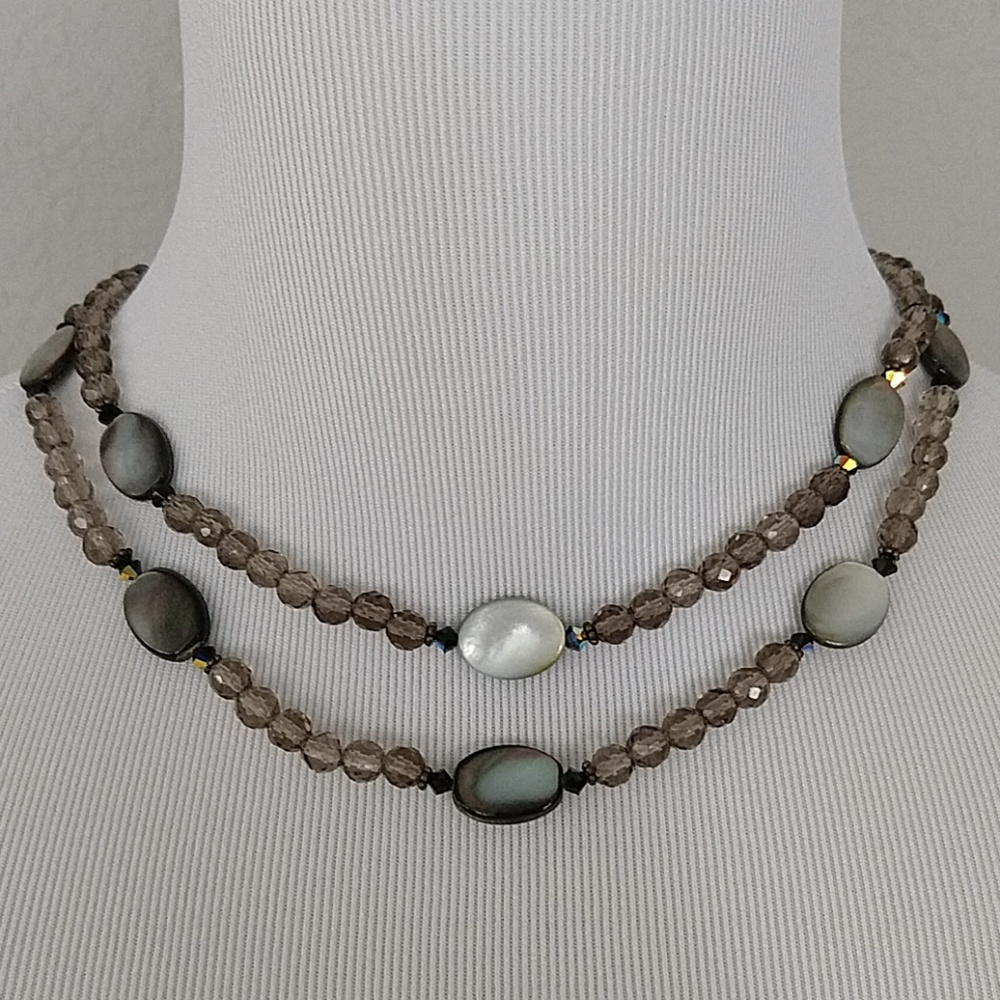 Smoky quartz, mother of pearl, Swarovski necklace